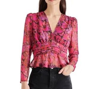 Steve Madden Pink Puff Sleeve Blouse with Ruffled Peplum